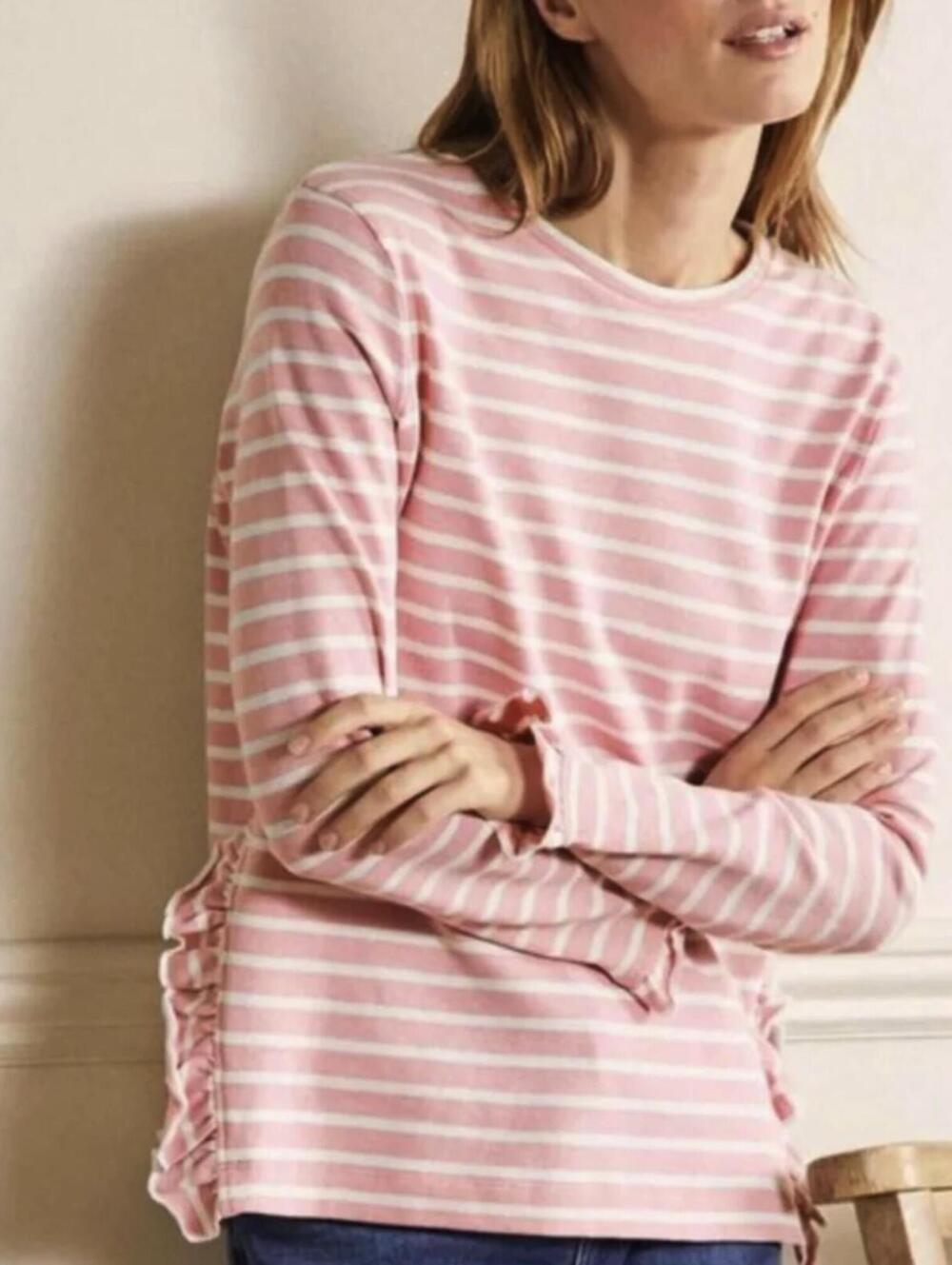 BODEN Pink and White Striped Split Side Ruffle Lightweight Sweatshirt - Size - 8